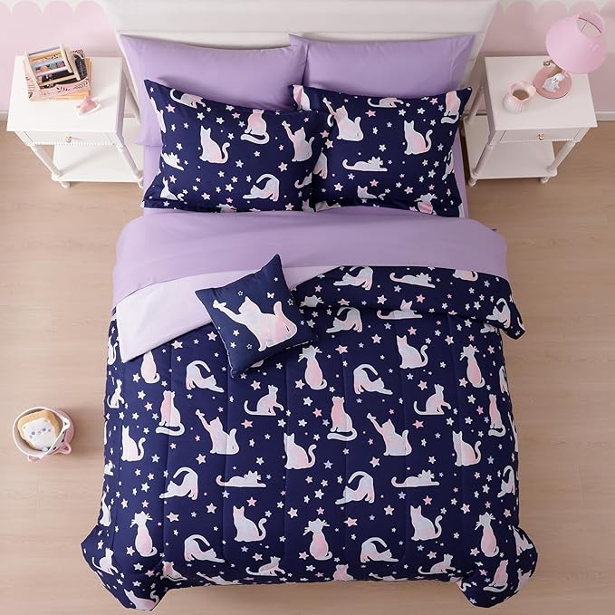 Full Size Comforter Set for Girls-4 Pieces Cute Cat Full Bedding Sets for Kids, 1 Comforter, 2 Shams and 1 Decor Pillow