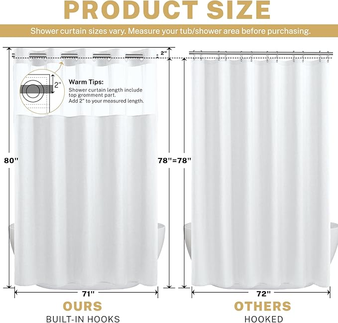 Long No Hook Shower Curtain with Snap in Liner, Polyester Textured Shower Curtain with Liner Set, Waterproof Washable Hotel Style Shower Curtains for Bathroom, 71Wx80H, White