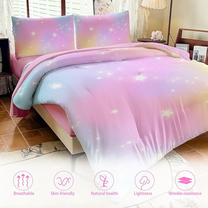 Rainbow Bedding Set Full Size – 5 Piece Reversible Girls Comforter with Deep-Pocket Sheet, Gradient Galaxy Design, Whole-Piece Filling, Machine Washable Bed-in-a-Bag for Kids Room Makeover & Gifts