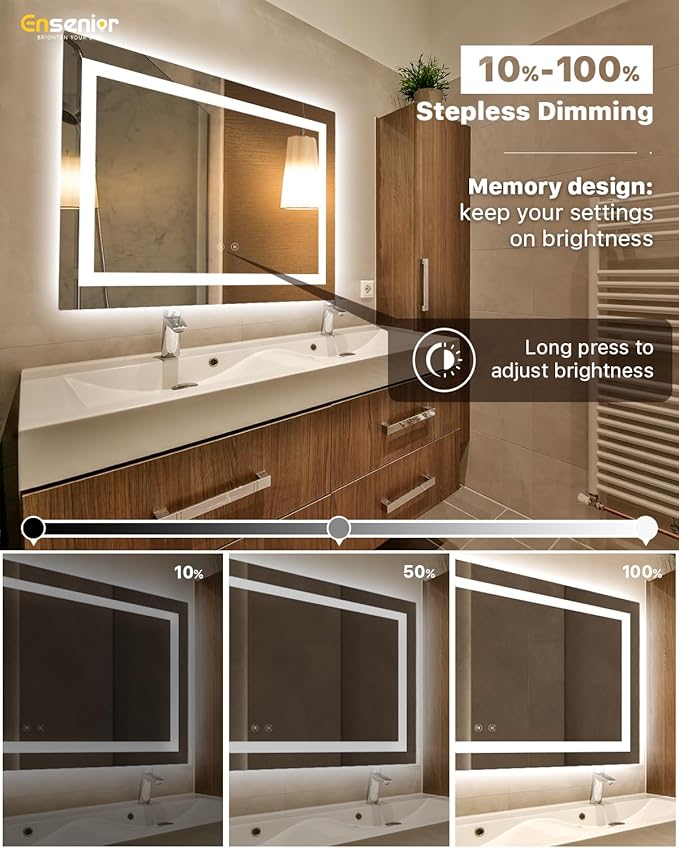Ensenior LED Bathroom Mirror 60"x 40" with Front and Backlight, Stepless Dimmable Wall Mirrors with Anti-Fog, Shatter-Proof, Memory, 3 Colors, Modern LED Vanity Mirror- FCC