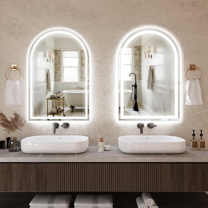 LED Bathroom Mirrors with Lights 30"x48" Arched Mirror for Wall,Led Vanity Mirror, Anti-Fog,LED Mirrors with Front Light and Backlit, Anti-Fog, Dimmable, 3 Color, Shatterproof, Touch Sensor