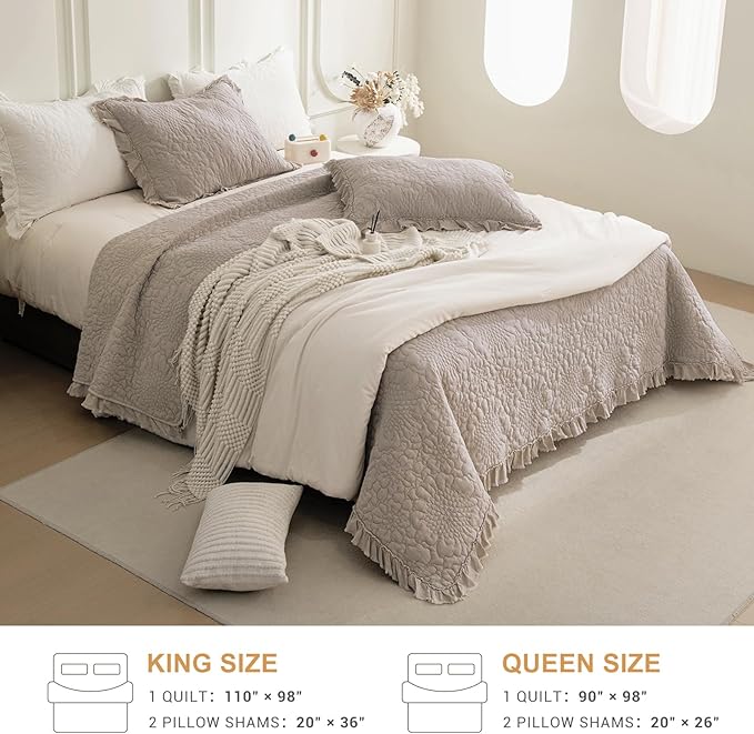 QSH 3PCs Stonewashed Cotton Quilt Queen Size (90"x98"),Linen Feel Ruffled Quilt Set,Ultra Soft Lightweight Crinkled Bedspread Coverlet Queen Shabby Farmhouse Chic Bedspreads Set with Pillow Shams