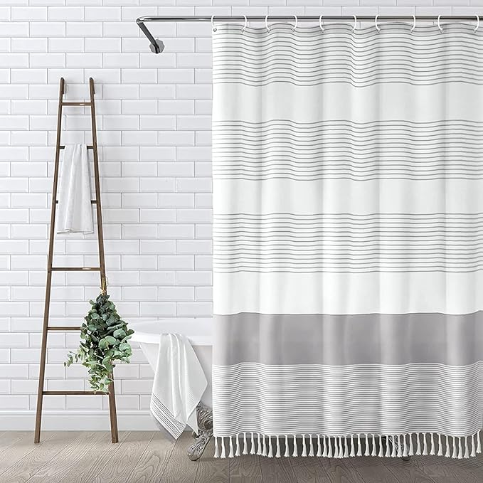 Awellife Boho Grey Shower Curtain for Bathroom Stripe Tassel Shower Curtain 54 X 72 Inches Farmhouse Cotton