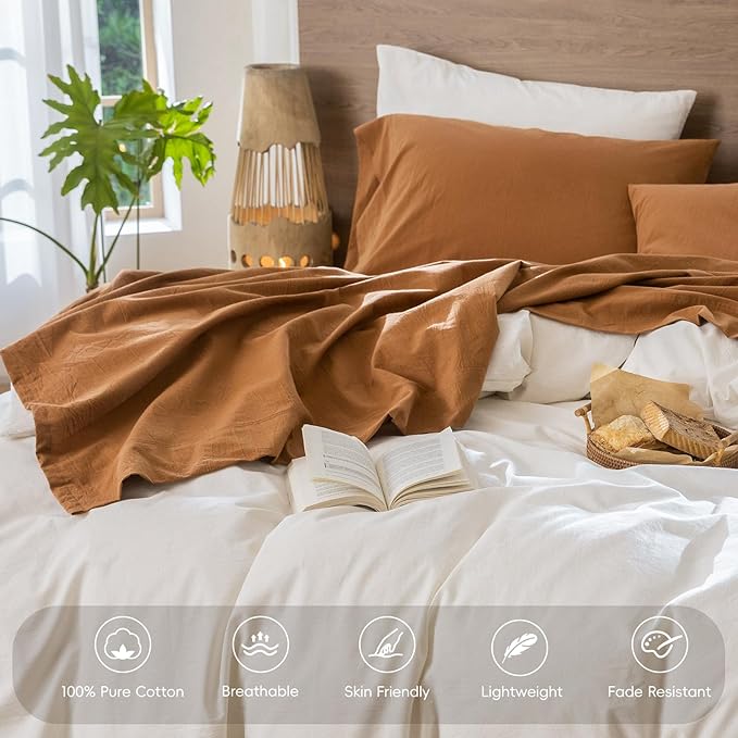 MooMee Bedding Sheet Set 100% Washed Cotton Linen Like Textured Breathable Durable Soft Comfy (Solid Dark Orange, California King)