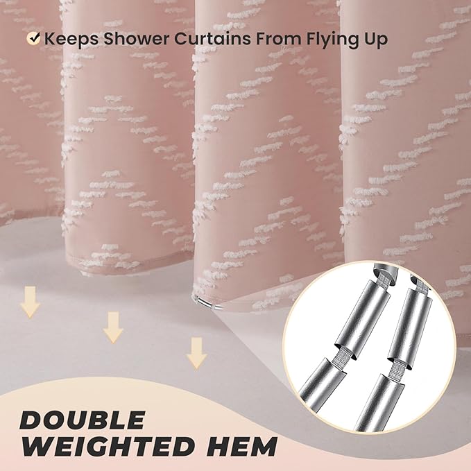 Long Blush Pink Boho Shower Curtain Cute Shower Curtain Textured Tufted Chevron Striped Minimalist 72 x 78 Bathroom Shower Curtains