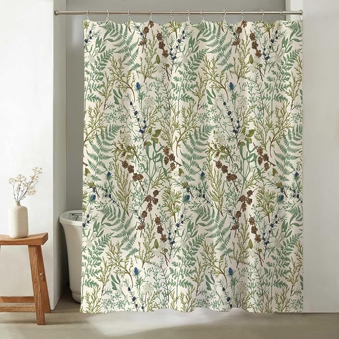 Beige Green Botanical Shower Curtain Boho Nature Ferns Wildflowers Apothecary Bathroom Curtains Herbs Plants Vintage Cottagecore Bathroom 72Wx72H Waterproof Polyester