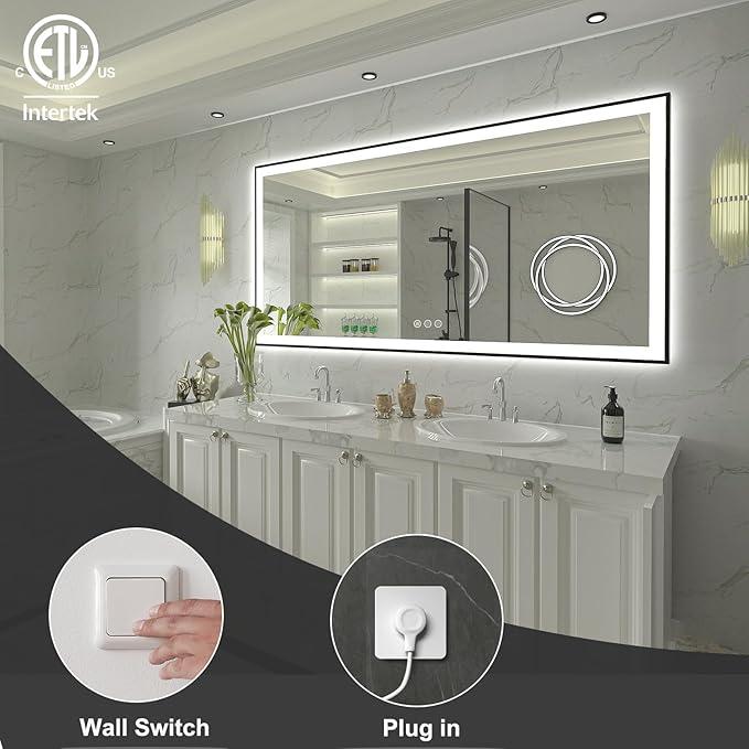 SMIROR 60x 40 Black Framed LED Bathroom Mirrors, Smart Vanity Mirrors with Lights, Front Lighted and Backlit, Dimmable, Anti-Fog, Shatterproof, ETL Listed (Horizontal/Vertical)
