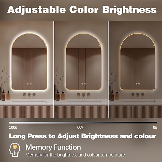 Niccy Arched LED Lighted Bathroom Mirror, 40x30 Inch Backlit Vanity Bathroom Mirror with Lights Brushed Gold Framed Wall Mounted Mirrors with 3 Color Shatterproof Arch Smart Fog Free Mirror