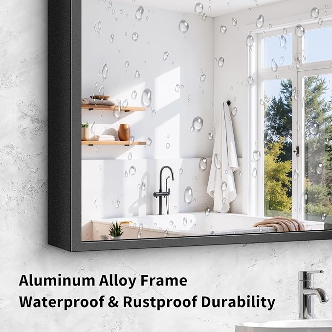 Koonmi Black Framed Bathroom Mirror - Shatterproof 30"x30" Tempered Glass, HD No Distortion, Horizontal/Vertical Mount, Modern Matte Aluminum Alloy Frame