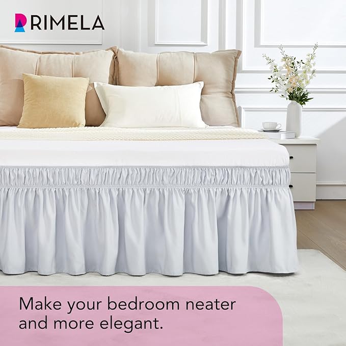 RIMELA Ice Grey Bed Skirt Queen Size 18 Inch Drop, Elastic Bed Skirting for Bed Base and Frame, Bedding Dust Ruffle Easy to Install, Lightweight Wrap Around Adjustable Bedskirt