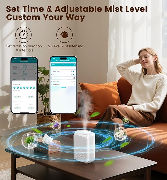 Waterless Essential Oil Diffuser 3000 Sq.Ft Coverage for Large Home Hotel Office, 400ml Cold Air Scent Machine for Aromathrapy, Bluetooth App Control, Quiet No-Noise Aroma Diffuser Wall Amount