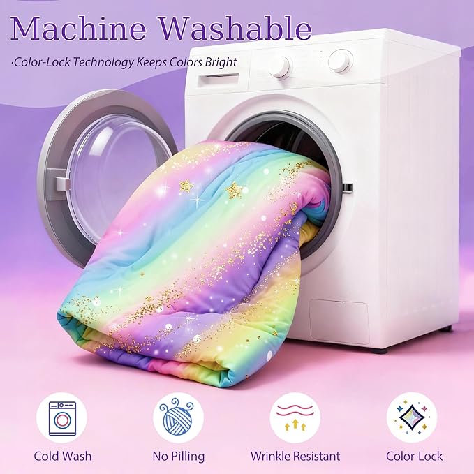 Rainbow Bedding Set Full Size – 6-Piece Reversible Girls Comforter with Deep-Pocket Sheet, Gradient Galaxy Design, Whole-Piece Filling, Machine Washable Bed-in-a-Bag for Kids Room Makeover & Gifts