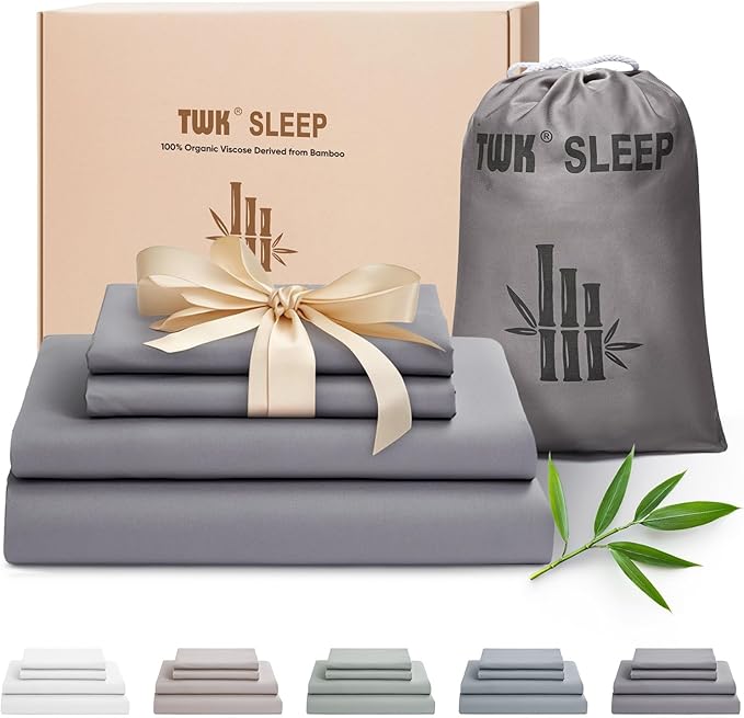 TWK Luxury Sheet Set, Genuine 100% Viscose Derived from Bamboo, Cooling & Breathable, Silky Soft, Bedding Sheets & Pillowcases (Gray, Full)