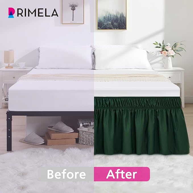 RIMELA Dark Green Bed Skirt Queen Size 15 Inch Drop, Elastic Bed Skirting for Bed Base and Frame, Bedding Dust Ruffle Easy to Install, Lightweight Wrap Around Adjustable Bedskirt
