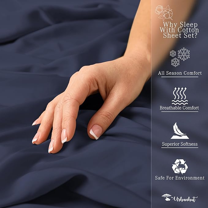 URBANHUT 1000 Thread Count 100% Solid Cotton Twin Sheet Set, Luxury Bedding Set for Twin Size Bed, All Season Sateen Weave Hotel Bedsheets, 16" Elasticized Deep Pocket, Comfy - Navy Blue (3 Pc)