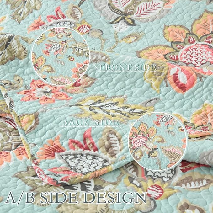 Cotton Bedspread Bedding Coverlet Quilt Sets, Reversible Vintage Branch Floral Bedspread comforters, (Vintage Floral Blue Pattern, King Size)