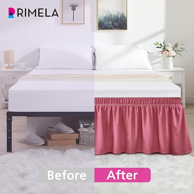 RIMELA Dusty Red Bed Skirt Queen Size 15 Inch Drop, Wrap Around Elastic Bedskirt, Dust Ruffle for Adjustable Bed Base Machine Washable Easy to Install Bed Skirts