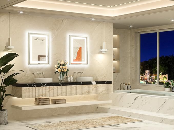 TETOTE 20 x 28 Bathroom LED Mirror Brushed Bright Nickel Metal Frame Frontlit & Backlit Vanity Mirror Anti-Fog Stepless Dimmable 3 Colors White/Warm/Natural Mirror with Lights Wall-Mounted