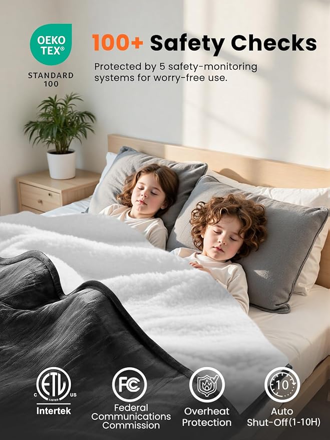 Electric Heated Blanket Queen, Ultra‑Cozy Premium Flannel & Sherpa, Even Heat Distribution & Stable Temp, 1–10H Auto‑Off, 8 Temps (86–125.6°F), Overheat Protection, Ideal Gifts for Grandma