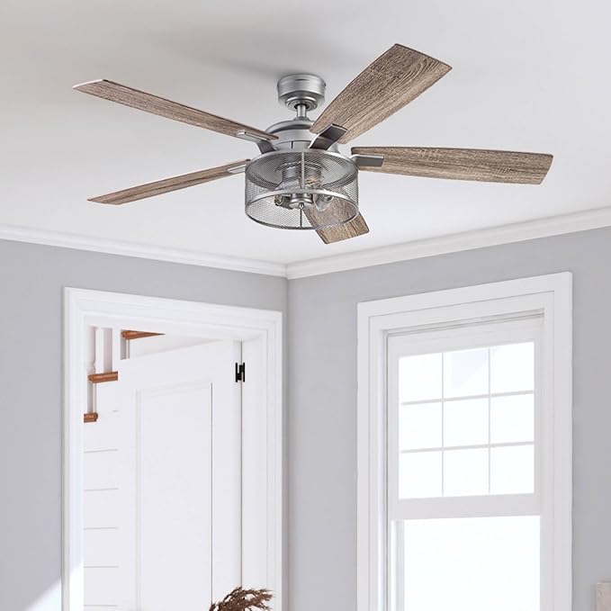 Honeywell Ceiling Fans Carnegie, 52 Inch Industrial Style Indoor LED Ceiling Fan with Light, Remote Control, Dual Mounting Options, 5 Dual Finish Blades, Reversible Airflow - 51460-01 (Silver)