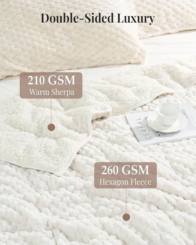 Topblan Weighted Blanket for Adults (48" x 72" 15lbs, Cream White), Soft Sherpa Twin Size Heavy Blanket, 3D Jacquard Flannel Fleece Weighted Blankets for Couch and Bed