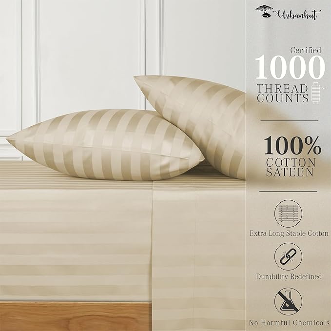 URBANHUT 1000 Thread Count Pure Cotton California King Striped Sheets Set (4 Pc) - Ultra Soft & Smooth, Thick & Crisp Sateen Weave Calking Striped Bedsheets with 16" Deep Pockets - Sand.