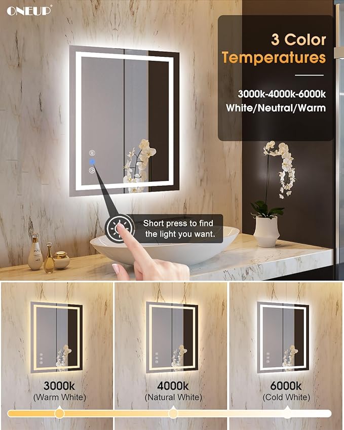 oneup 24x32'' LED Bathroom Mirror,Lighted Bathroom Mirror with Lights,Dimmable 3 Colors Temperature,Anti-Fog,Modern Vanity Mirrors for Wall,Touch Screen,Memory, Shatterproof
