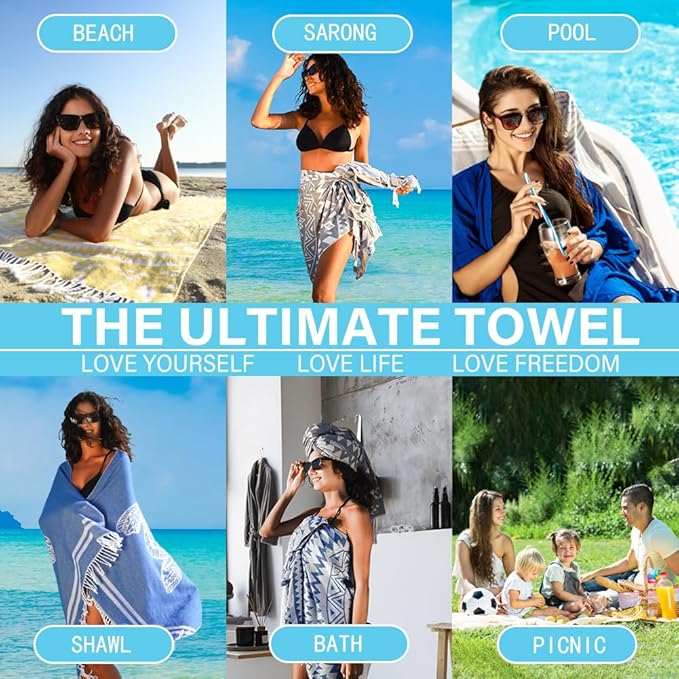 6 Pack Turkish Beach Towel Quick Dry Absorbent Cotton Lightweight Thin Bathroom Bath Pool Swim Towels Extra Large Oversized Sand Free Beach Accessories Essentials Stuff Cloud Adults Gift