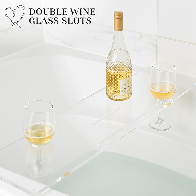 34" Supreme Plus- Luxury Bathtub Tray Caddy- 3/8" Thick, Clear Bath Tub Tray Table for 1 or 2 Bathers, Acrylic Bathtub Caddy, iPad and 2 Wine Glass Holders (Supreme Plus, 34")