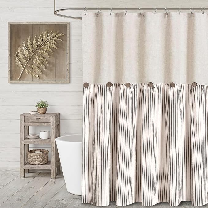 Farmhouse Shower Curtain Linen Beige Button Woven Fabric Country Rustic Western, Pleated Brown Stripe 72" W x 84" L