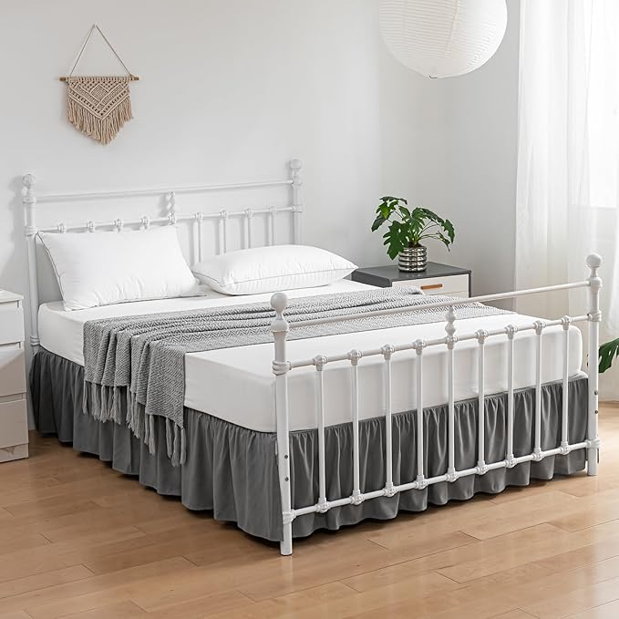 Bed Skirt Twin Size Ruffled Bed Skirts with Split Corners, 14 Inch Drop Dust Ruffle Bed Skirt with Platform, Gray