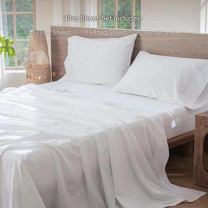MooMee Bedding Sheet Set 100% Washed Cotton Linen Like Textured Breathable Durable Soft Comfy (Solid Bright White, Queen)