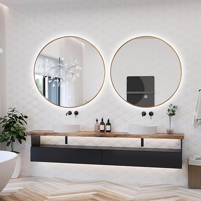 Niccy 40" LED Backlit Round Mirror for Bathroom, Gold Framed Vanity Light Wall Mirrors LED Smart Circle Mirrors with 3 Lighting Colors, Lighted Round Mirror with Anti-Fog, IP65 Waterproof