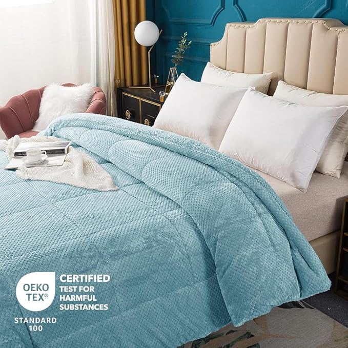 KASENTEX Super Ultra Soft Luxury Plush Sherpa Comforter, Cozy Reversible Faux Fur Machine Washable Bedding, Cloud Blue, Twin/Twin XL Size