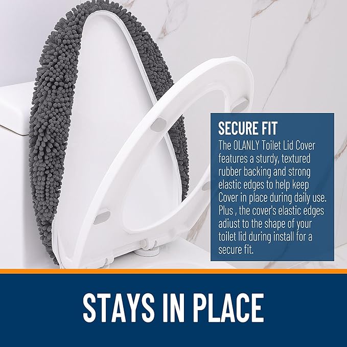 OLANLY Soft Chenille Bathroom Toilet Lid Cover, Machine Washable Seat Covers, 17.5x15, Stays in Place Rubber Backing, Fits Most Round, Elongated and Oblong Lids, Accessories Decor, Dark Gray