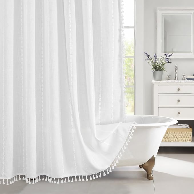 MitoVilla Boho Extra Long Shower Curtain 72 x 96, White Modern Farmhouse 96 inch XL Polyester Linen Texture Tassel Fabric Shower Curtain Set with Hooks for Cottagecore Country Bathroom Decor,White
