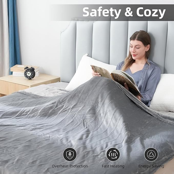 Electric Heated Blanket Queen Size 84"x 90",Dual Control Super Cozy Soft Warm with 6 Heat Levels &1-10 Hours Auto Off, Home Office Use & Machine Washable, Gray