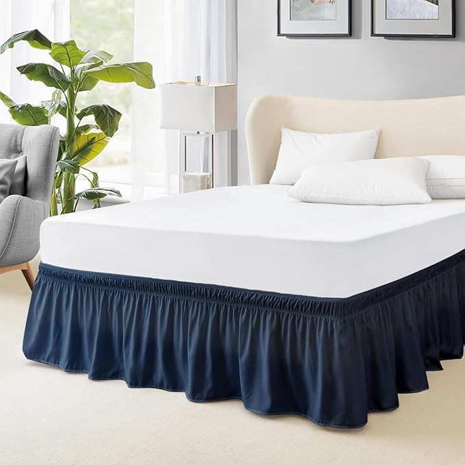 FreshCulture Full Bed Skirt, Elastic Wrap Around Bed Skirt Full Bed, Easy Fit with 18-Inch Tailored Drop, Hotel Quality Dust Ruffle for Full Size Bed, Bed Skirt Full Size (Navy Blue)