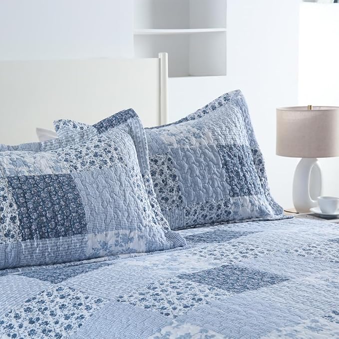 ENASAL Cotton Bedspread Quilt Bedding Sets Reversible Coverlet Sets Comforters Rustic Floral White Blue Patchwork Pattern Bedspread for All Season, King Size