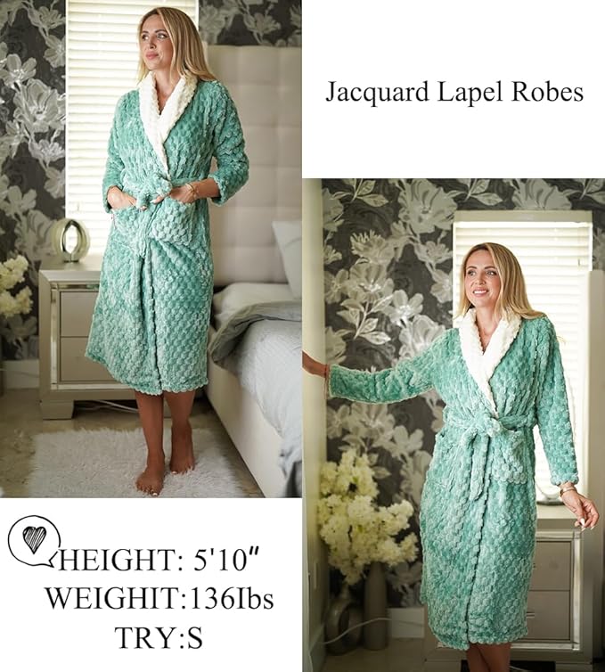 Ekouaer Women's Robe Long Plush Soft Bathrobe Jacquard Color Block Robes Shawl Collar Sleepwear with Pockets S-XXL
