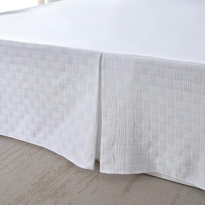 Queen Size Bed Skirt, Pleated Knitted Jacquard Waffle Weave Striped Bed Skirt, Tailored Dust Ruffle 14 Inch Drop Easy Fit, Machine Washable (White, Queen - 14" Drop)