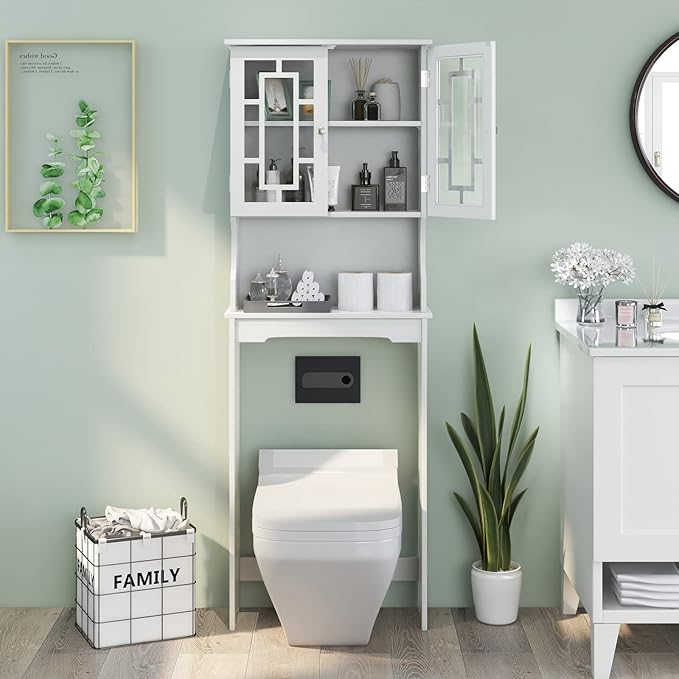 BestComfort Over The Toilet Storage Cabinet, Home Bathroom Space Saver Organizer Above Toilet, Double Doors and Adjustable Shelf, Wooden Freestanding Toilet Storage Rack Unit, 67 in H (White)