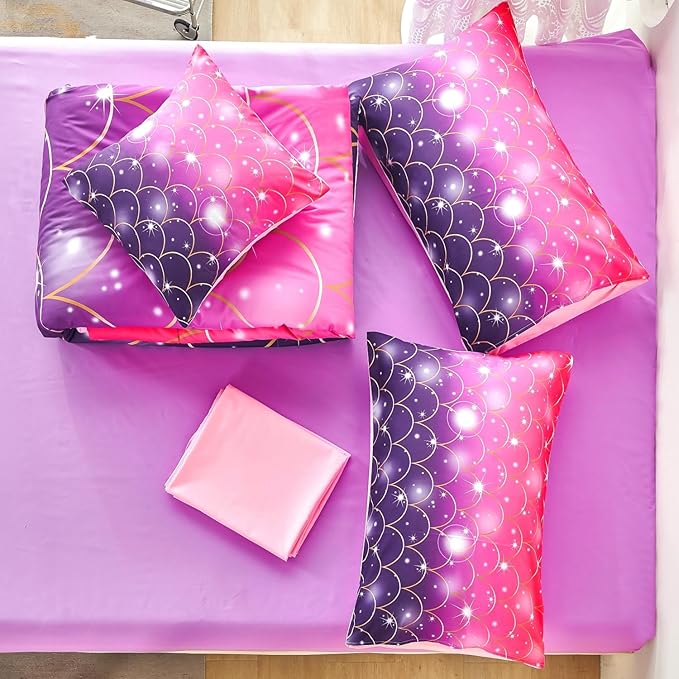 URBONUR Pink Purple Comforter Set Full Size for Girls 6 Piece Bed-in-a-Bag Glitter Mermaid Kids Bedding with Sheets