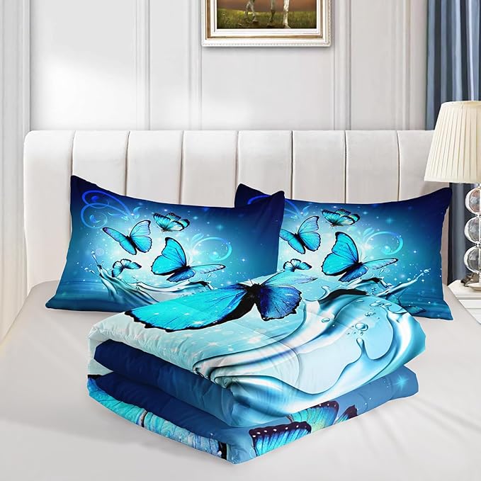 Fantasy Blue Butterfly Comforter Set Queen Size,Butterflies on Water Flash Bedding Sets 3 Pieces,Blue Series Aesthetic Bedding for Kids Girls Boys Room Decor with 2 Pillowcases.