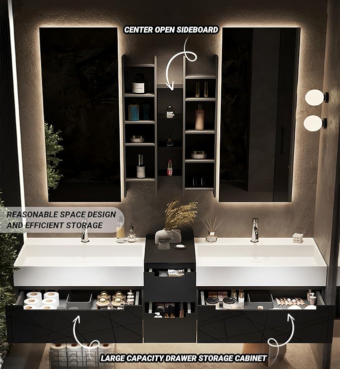Double Bathroom Vanity with Sink, Floating Modern Bathroom Vanity Set Includes LED Smart Defogging Mirror and Open Storage Wall Cabinet, Solid Wood Bathroom Cabinet with Large Drawer (Apricot, 92")