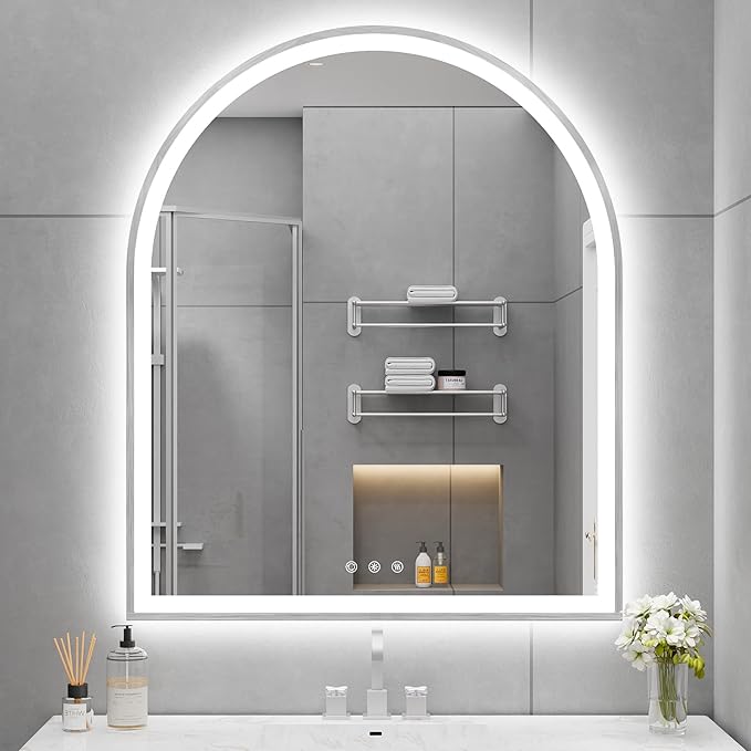 Arched LED Mirror for Bathroom 30"x36", Brushed Nickel LED Bathroom Mirror with Lights-Fogless, Dimmable, 3 Color Changing, Touch Sensor