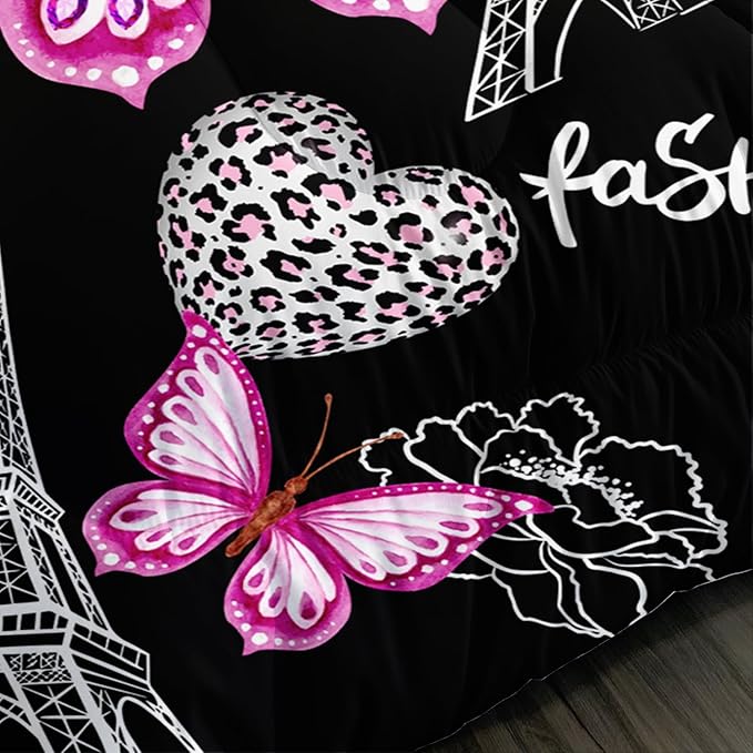 Pink Butterfly Comforter Full Bedding Sets for Girls, Eiffel Tower Leopard Heart Pattern Bedding Sets with 2 Pillowcases,Aesthetic Bedding for Women Girls Bedroom Paris Decor.