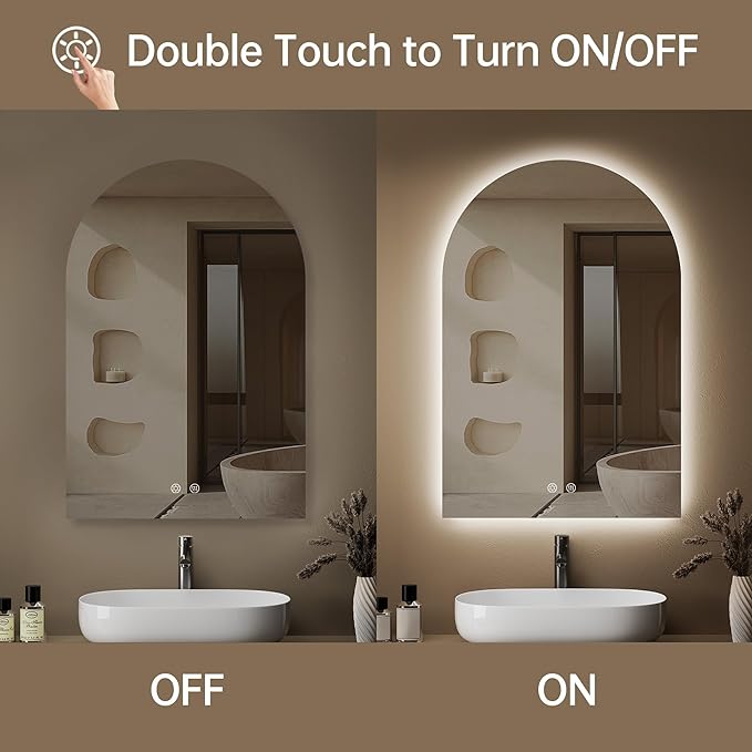Arched Backlit Mirror Bathroom 20"x30"- Frameless LED Bathroom Mirror with Lights, Fogless, Dimmable, 3 Color Changing, Shatterproof, Touch Sensor
