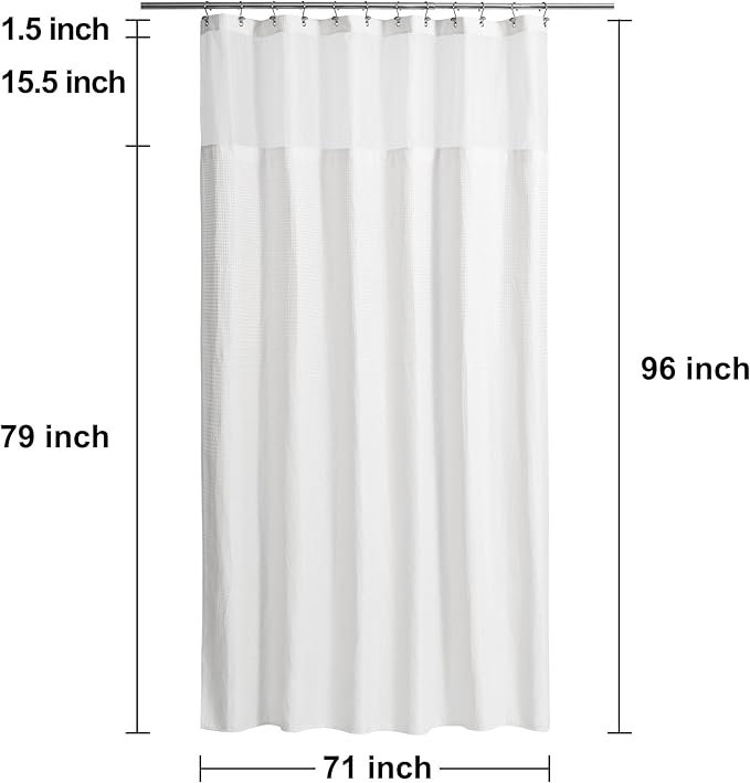 N&Y HOME Extra Long Waffle Weave Shower Curtain 96 Inch Length with Snap-in Fabric Liner & Metal Hooks Set - Hotel Style, Waterproof & Washable, Heavyweight Fabric & Mesh Top Window - 71"Wx96"L, White