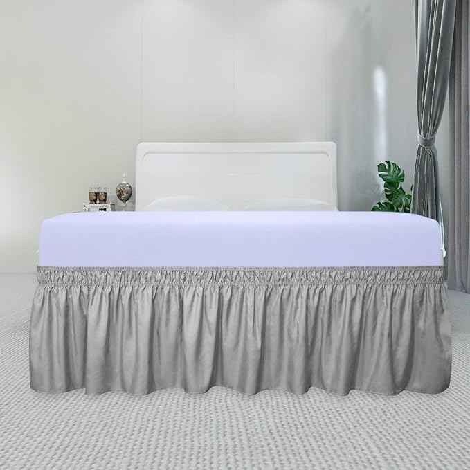 PureFit Wrap Around Ruffled Bed Skirt with Adjustable Elastic Belt - 14 Inch Drop Easy to Put On, Wrinkle Free Bedskirt Dust Ruffles, Bed Frame Cover for Queen, King and C-King Size Beds, Light Gray